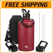Double Wall Vacuum Gallon Water Bottle with Straw and Carrying Bag - Dark Red