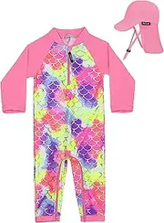 [weVSwe] Baby Girls' Long-Sleeved Swimsuit UV Protection UPF 50+ One Piece with Toddler Sun Hat Flap Cap 0-3 Years, Fish Scale-2, 6-12 Months