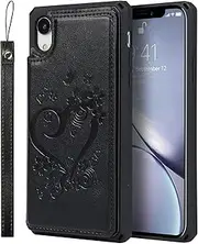 Cavor for iPhone XR Wallet Case PU Leather TPU Back Cover Flip Magnetic Clasp Heart Flower Butterfly Shockproof Cases Lanyard Card Slots Holder Kickstand for iPhone XR 6.1''-Heart Flower Black