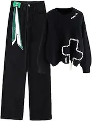 [Generic] Women's Crew Neck Knit Tassel Pullovers Tops And High Waist Wide Leg Pants Matching Set Valentine Knitwear Sets
