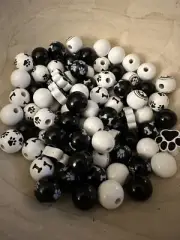100pcs Black & White Cat Paw Print Wooden Beads Cute Pet Beads Crafts & Jewelry
