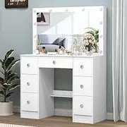 Dressing Table with Large Mirror and Built - in 11 LED Lights, Vanity Desk with 7 Drawers, Makeup Desk Dressing Table for Women,Girls, 3 Lighting Color Adjustable, White