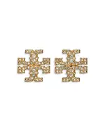 Tory Burch Kira Pave Double T Stud Earrings in Gold Tone