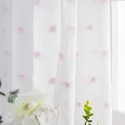 FINECITY White Sheer Curtains 96 Inch Length - Rod Pocket Embroidered Cute Pink Pom Poms Curtain 2 Panels Light Filter Soft Window Voile Drapes for Girls Room, 52 x 96 Inch, 1 Pair, White Pink