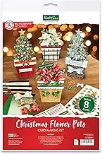 Katy Sue Designs Christmas Flower Pots Card Making Kit. Contains 8 Cards & Envelopes, 4 Sheets Decoupage, 1 Sheet Decoupage Bows, & 2 Sheets Sentiment Banners for Christmas Card Making Supplies
