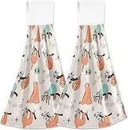 Kitchen Hand Towels with Hanging Loop Funny Sloth Beige Bathroom Tie Towels Set of 2, Absorbent Soft Cute Kitchen Towel Decorative, 18.2 x 14 Inch