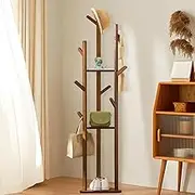 Bamboo Clothes Hanger Stand: Freestanding Cloth Rail Wooden Clothes Rack with 3 Tier shelves and 10 Hooks Entry Hall Tree Multifunctional Coat Stand for Bedroom Hallway