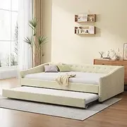 [Favfurish] Full Size Daybed with Trundle Upholstered Day Bed Frame with Button Tufted Backrest and Nailhead Decorated Armrest for Living Room Bedroom,No Box Spring Needed,Beige