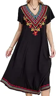 [Grosy] Embroidered Kaftan Dresses for Women Plus Size, Short Sleeve Mexican Peasant Long Maxi Dress Bohemian Boho Floral