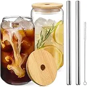 2pcs Transparent Cups with Bamboo Lids & Stainless Steel Straw 500ml Large Thick Drinking Glasses Set Can Shaped Beer Glasses Dishwasher Safe for Cold Beverage Juice Coffee Cocktail Whiskey (1 Set)
