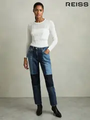 Reiss Mid Blue Birch Petite Straight-Leg Patchwork Jeans (AP8476) | $350