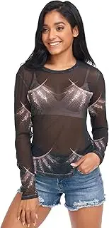 [RPLIFE] Elegant Black Eyelashes Sparkling Rose Gold Accents Black Womens Mesh Sleeve Top, Sheer Sleeve Blouse S-XXL