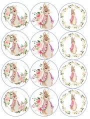 12 Pink Girl Baby Shower Peter Rabbit, edible paper, cupcake cookie toppers