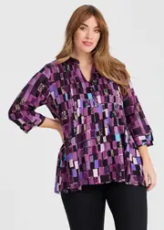 [TS] Taking Shape Zoe Zip Neck Pintuck Natural Top Size 26 in Pink Orchid Gold, Viscose - Plus Size Women's Clothing Pink Orchid Gold