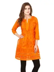 Orange Net Embroidery Women Cotton Kurti, Chikan Aari Handwork Ladies Summer Top