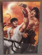 Mortal Kombat Liu Kang vs Ryu Glossy Art Print 11 x 17 In Hard Plastic Sleeve