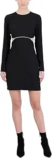 [BCBGMAXAZRIA] Women's Fitted Short Cocktail Dress Long Sleeve Round Neck Rhinestone Trim Back Cutout