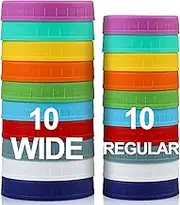 20 Pack Plastic Mason Jar Lids - 10 Wide Mouth & 10 Regular, Multicolor