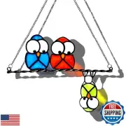 Multicolor Owls on a Wire High Suncatcher Panel, Bird Suncatcher for Windows