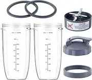 7 Pieces Blender Cups & Blade Replacement Set 32oz Huge Cup with 1 Flip-Top to-Go Lid and 1 Lid Ring & Premium Extractor Blade with 2 Rubber Gaskets Compatible with NutriBullet 600w/900w Blender
