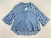 Chico's Flare Sleeve Pullover Top Women's 2 Blue Denim Chambray 3/4 Sleeve Linen