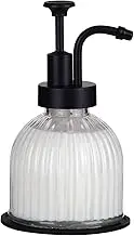 8 Oz Soap Dispenser for Kitchen and Bathroom Countertop, Refillable Wash Hand Liquid, Dish Detergent, Farmhouse Style Vertical Stripes Shape Shampoo Lotion Pump (Black with Vertical Stripes Glass)