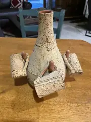 Vintage Cork Covered Clay Bottle 9” Inches Tall With 3 Glasses &Artists Drawing