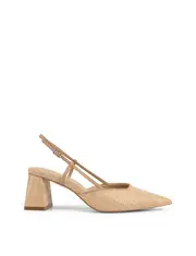 Yasmine Slingback Heels - Almond Leather & Natural Raffia