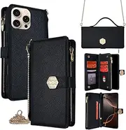 ELEPIK for iPhone 16 Pro Case, Wallet Case [7 Card Holder + 3 Cash Slot + 1 Zipper Bag] [Crossbody & Hand Strap] [Luxurious Texture] Durable PU Leather Magnetic Phone Case, Elegant Black