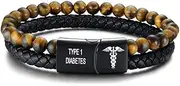 [MPRAINBOW] Type 2 Diabetes Medical Alert Punk Hip-pop Stainless Steel Magnet Clasp+Braided Leather+ Natural Tiger Eye Beads Wrap Bracelet for Men Women