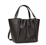 AUTH NWT $548 Tory Burch McGraw Pebbled Leather Drawstring Satchel Bag In Black