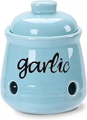 HAOTOP Garlic Keeper with Lid, Ceramic Mini Garlic Saver Container for Countertop, Farmhouse Kitchen Decor (Turquoise)