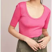 NWT Anthropology Michael Stars Shiny Hot Pink Scoop Neck Top Size XS/Small Rave