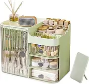 Makeup Organizers for Vanity, Large Capacity Desk Organizers for Cosmetics with 3-Layer Drawers and Mirror, Cosmetics Display Case with Transparent Cover, Ideal for Bedroom Vanity Desk (Green)