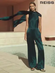 Reiss Teal Green Farah Satin Cape Sash Jumpsuit (F78992) | $585