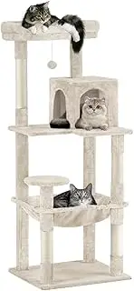 Petzly Cat Tree Tower, 142CM Multi-Level Cat Tower for Large Cats, Kitten Furniture Activity Center with Cozy Hammock, Condo, and 4 Sisal Scratching Posts, Beige