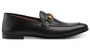 Gucci Brixton Black Leather Web Gold Horsebit Fold Down Loafer Flat G 14 US 15