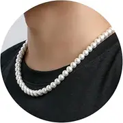 [P. BLAKE] Pearl Necklace for Men 8mm White Mens Pearl Choker Necklace Trendy Jewelry Gifts for Men Women