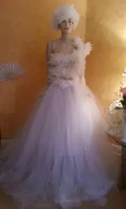 4 Pc White Lace Feather Bandeau Top Tulle Wedding Ball Gown Skirt Sash Hat & Set