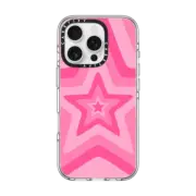 iPhone 16 Pro Clear Case MagSafe Compatible Pink Star Starburst 70s Retro Pattern