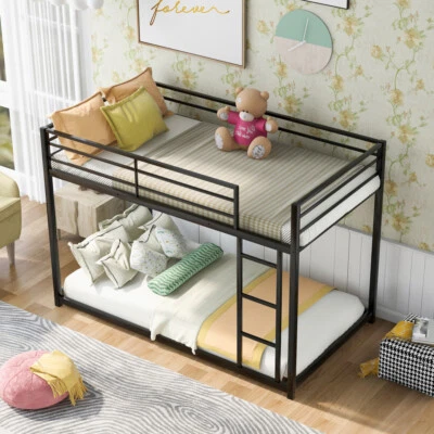Metal Twin Over Twin Low Bunk Bed Frame With Ladder& Full-Length Guard Black US