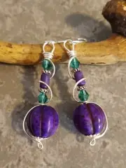 UNIQUE PURPLE HOWLITE BEAD/TEAL CRYSTAL/SILVER ACCENT/WIRE WRAP DESIGN EARRINGS