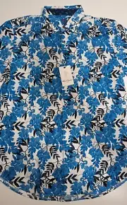Robert Graham Large Mens Blue Floral Pattern Flip Cuff Button Up NWT Short Slee