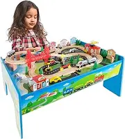 Wooden Train Set Table for Kids, Deluxe Had Painted Wooden Set with Tracks, Trains, Cars, Boats, and Accessories for Boys and Girls by Hey! Play!