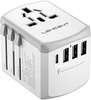 LENCENT Universal Travel Adapter, International Charger with 3 USB Ports and Type-C PD Fast Charging Adaptor for Mobile Phone, Tablet. for 200 Countries Type A/C/G/I (USA, Japan, Bali, UK, EU), White