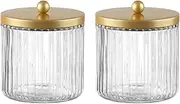 KMwares 2-Pack Glass Qtip Holder Dispenser Set for Cotton Ball, Swab, Round Pads, Floss Picks with Matte Black Metal lid - Bathroom Canister Storage and Makeup Organizer (Clear with Golden Lid)