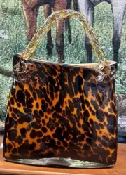 VINTAGE CAVALIER GLASS LEOPARD PRINT MURANO STYLE PURSE VASE 14” TALL