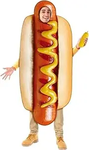 Costume Bay Hotdog Bodysuit Attire Food-themed Novelty Outfit Realistic Print Suit Bun and Sausage Condiments Food Quirky Bun-shaped Cultural Event Dress Unisex (Hotdog, ONE)