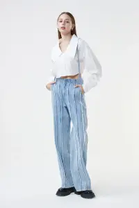 在飛比找新光三越 skm online優惠-[SISJEANS]淺藍白鬚邊車線牛仔寬褲(附吊帶)-L