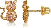 [JewelryWeb] 14k Yellow Gold Pink CZ Simulated Diamond Cat Screw Back Earrings 8x6mm Stud Earring for Women